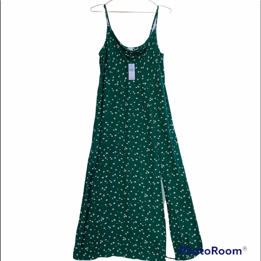American Eagle Floral Green Maxi/Midi Tank Strap Front Open Slit Dress - Picture 9 of 13